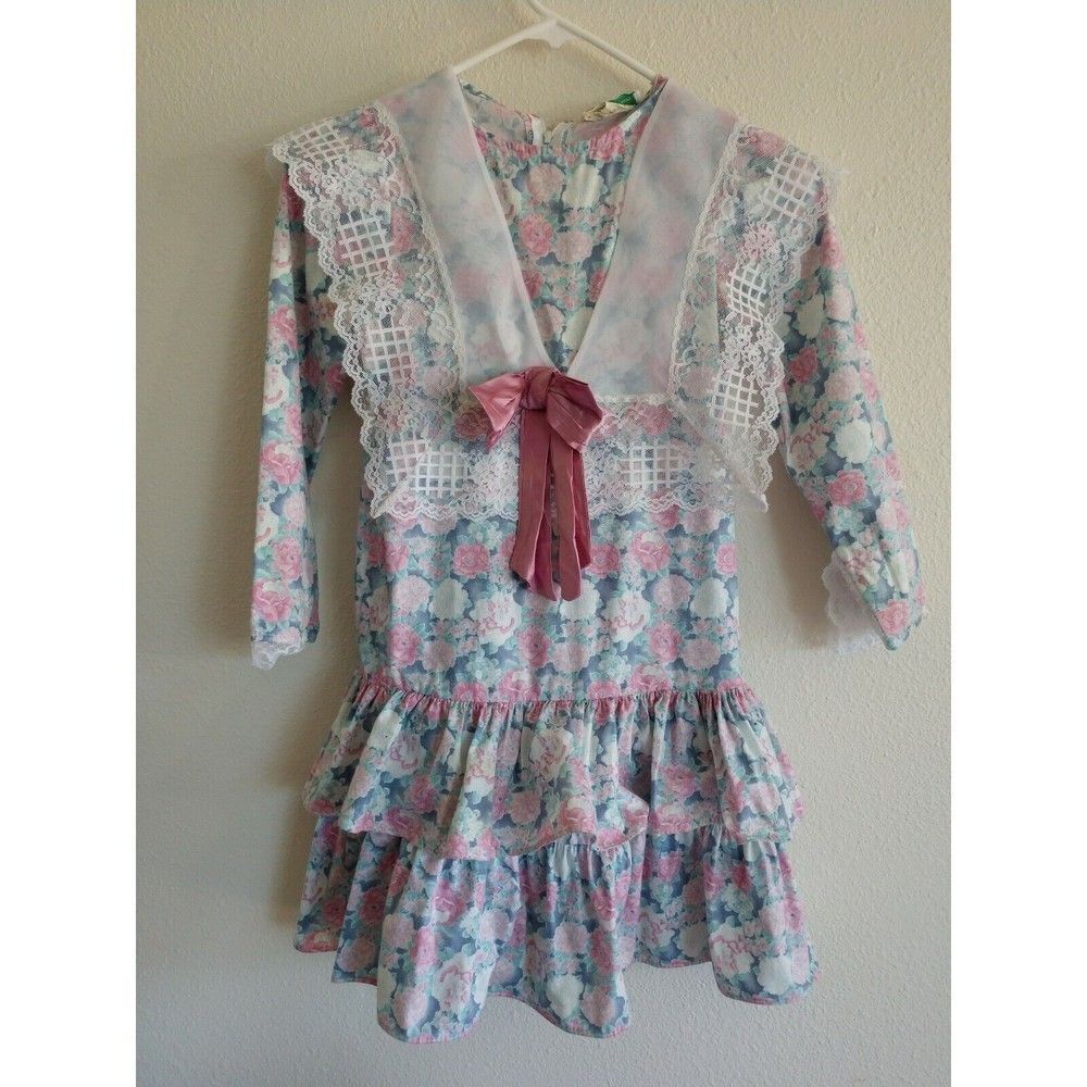 Vintage Girl Dress 1990's Rare Edition 7 Floral Pink Lace ruffles dropped waist